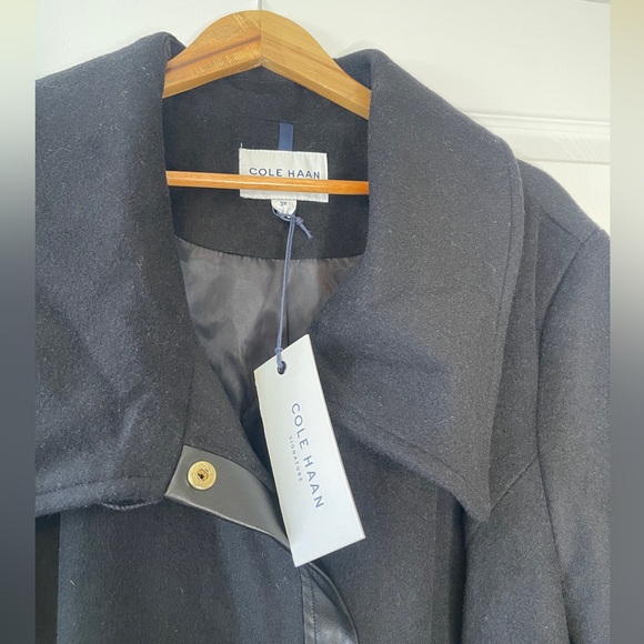 Cole Hann | Black Wool Trench Coat with Leather Trim Women’s 3X - Picture 7 of 16